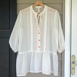 Matilda Jane Women's Size Medium White Dotted Swiss Top Pink Buttons Tie at Neck